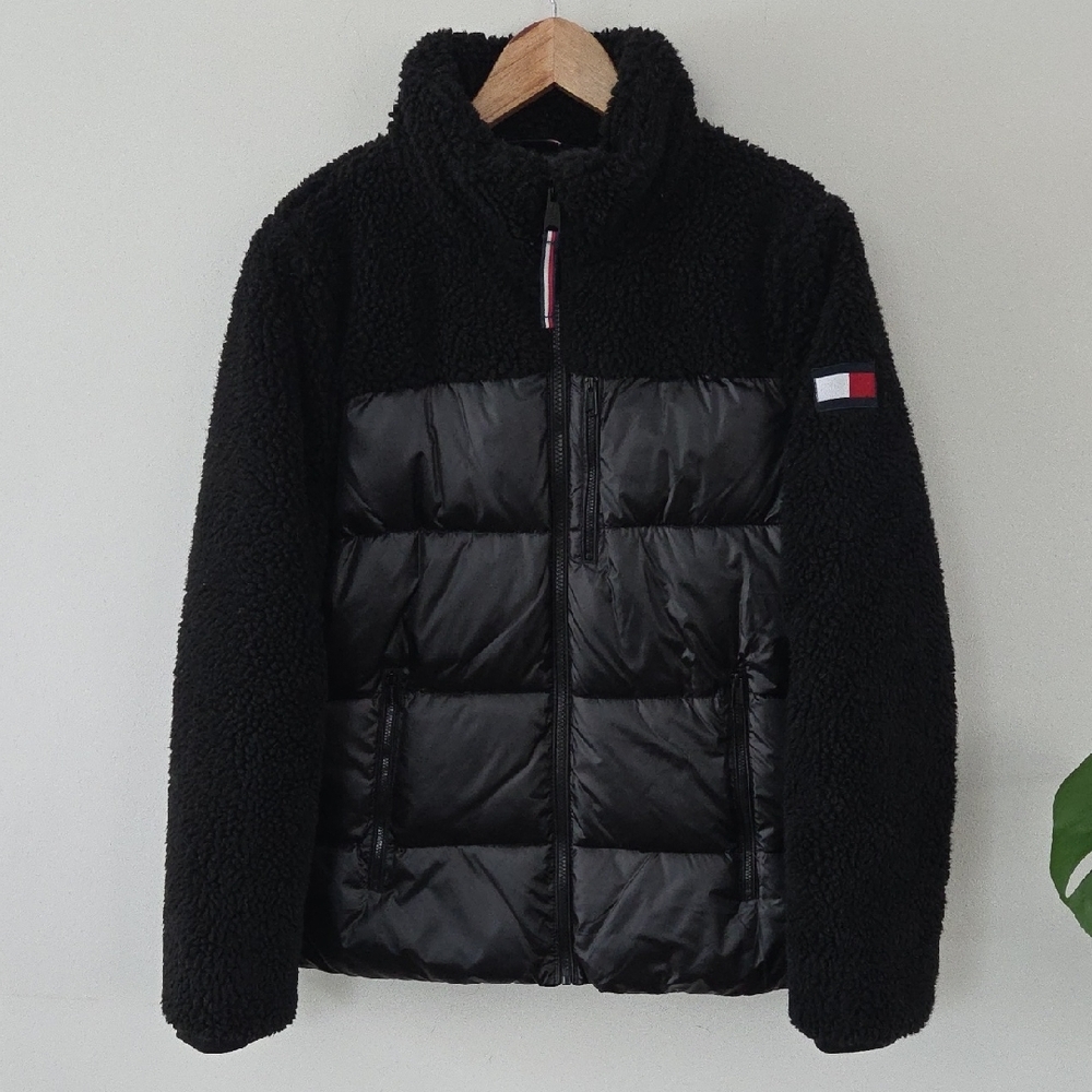 NWOT Tommy Hilfiger Mixed Media Black Sherpa Puffer Jacket